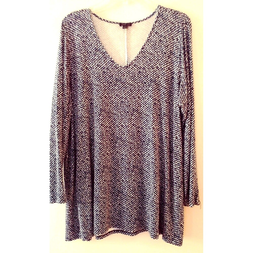 J Jill Wearever Petite Large Top Black White Blue Blouse Shirt V Neck Graphic